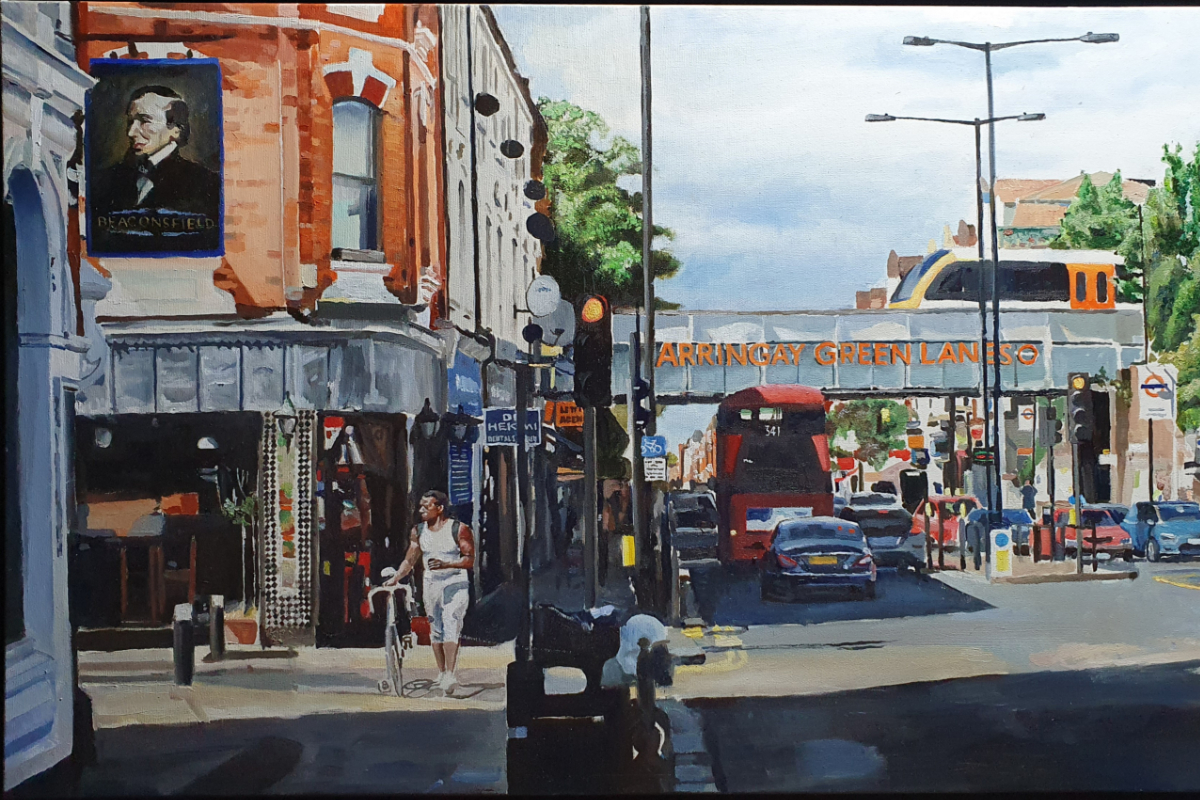 Harringay Green Lanes, 2.34 pm' oil on canvas 60cm x 1m